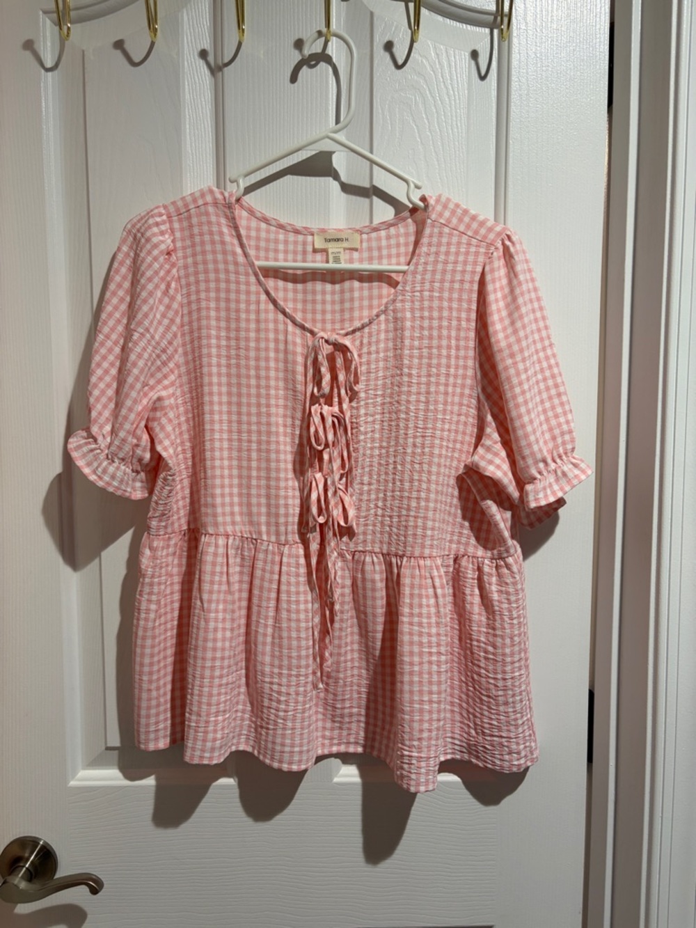 Women’s Pink Gingham Tie-Front Peplum Blouse